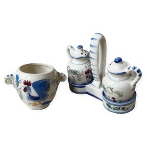 Vintage Nasco Handpainted Chicken Rooster Salt & Pepper Shakers + Sugar Bowl